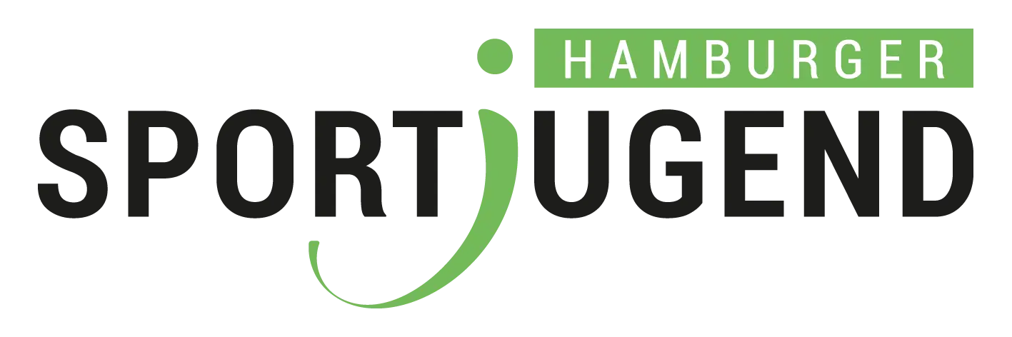 Textlogo der Hamburger Sportjugend in schwarzem und grünem Text, das "J" ist als schwungvoll gezeichneter Strichmensch in grün stilisiert